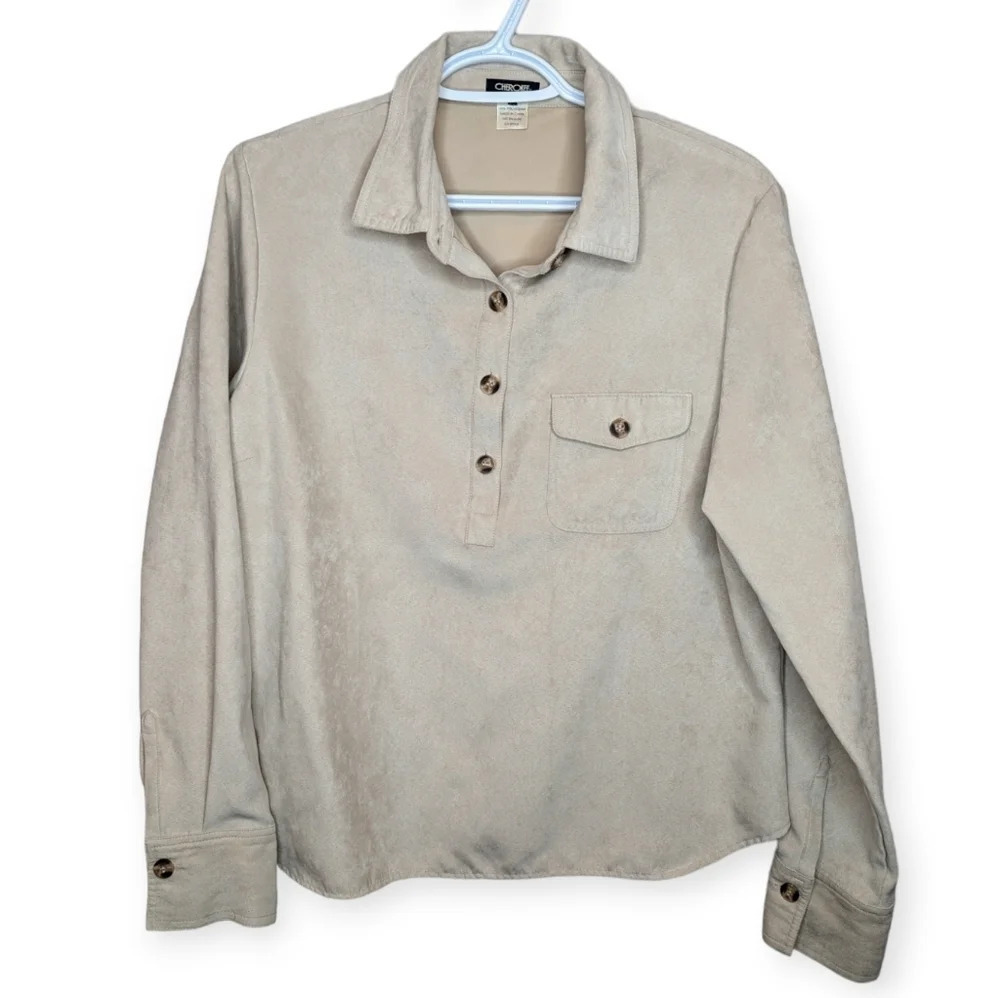 Vintage Cherokee 1/4 Button Down Collared Top Cream Neutral Women Large